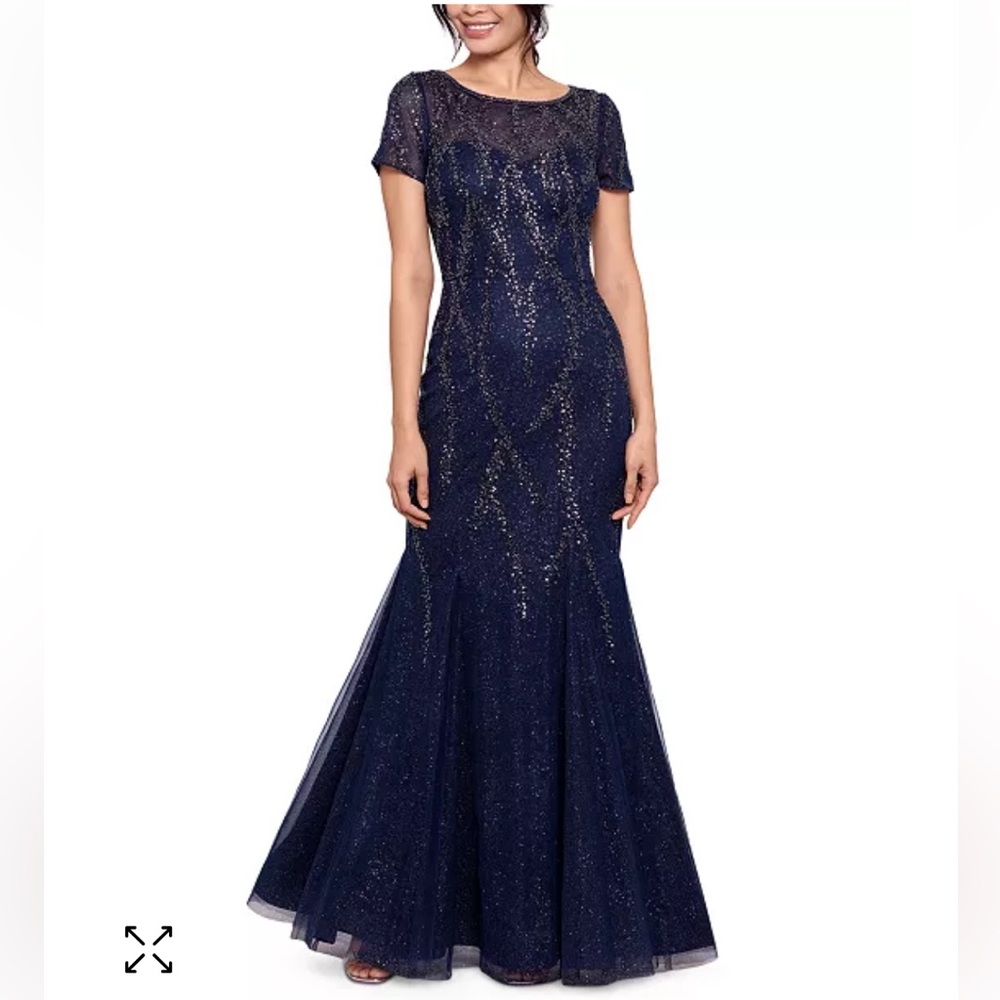NWT XSCAPE Embellished Godet Sheer Illusion Beaded Sequin Mermaid Gown size 10